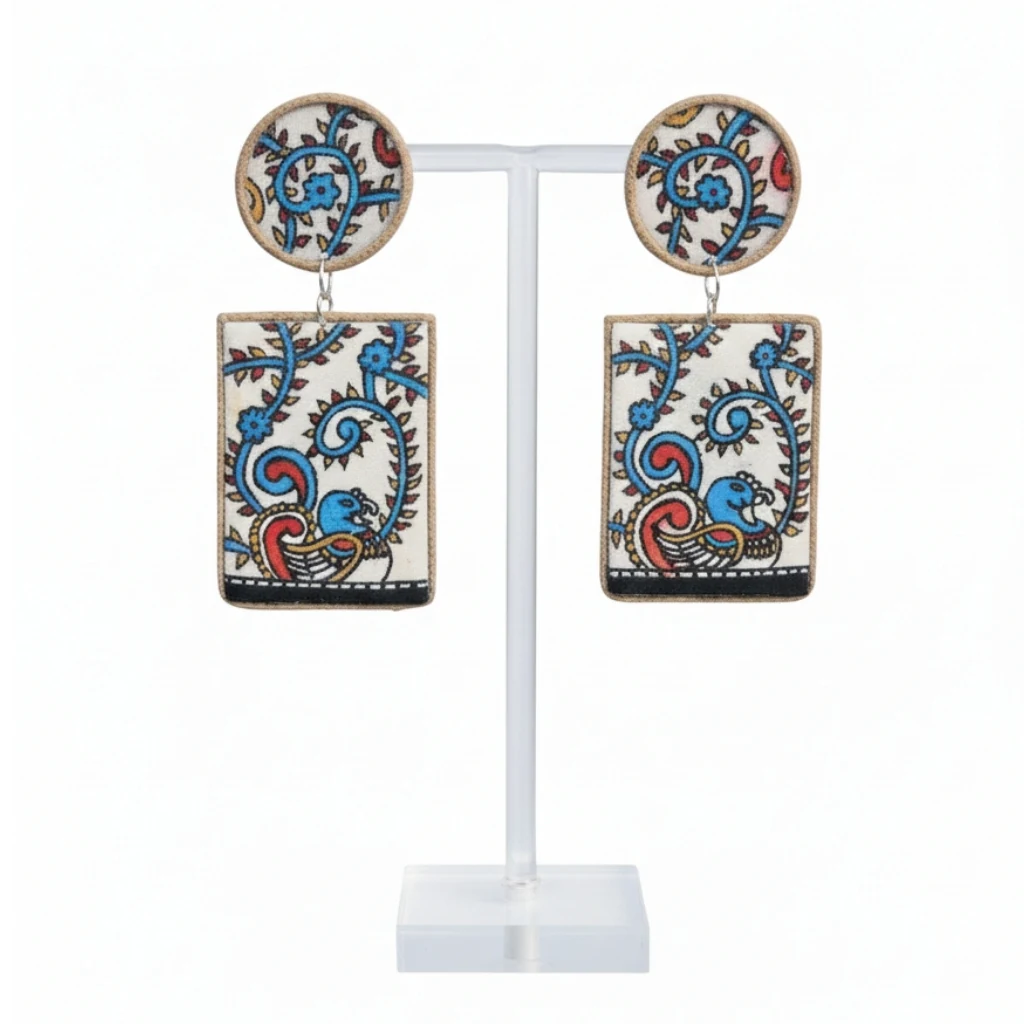 Pakshi- Kalamkari painted fabric earrings 