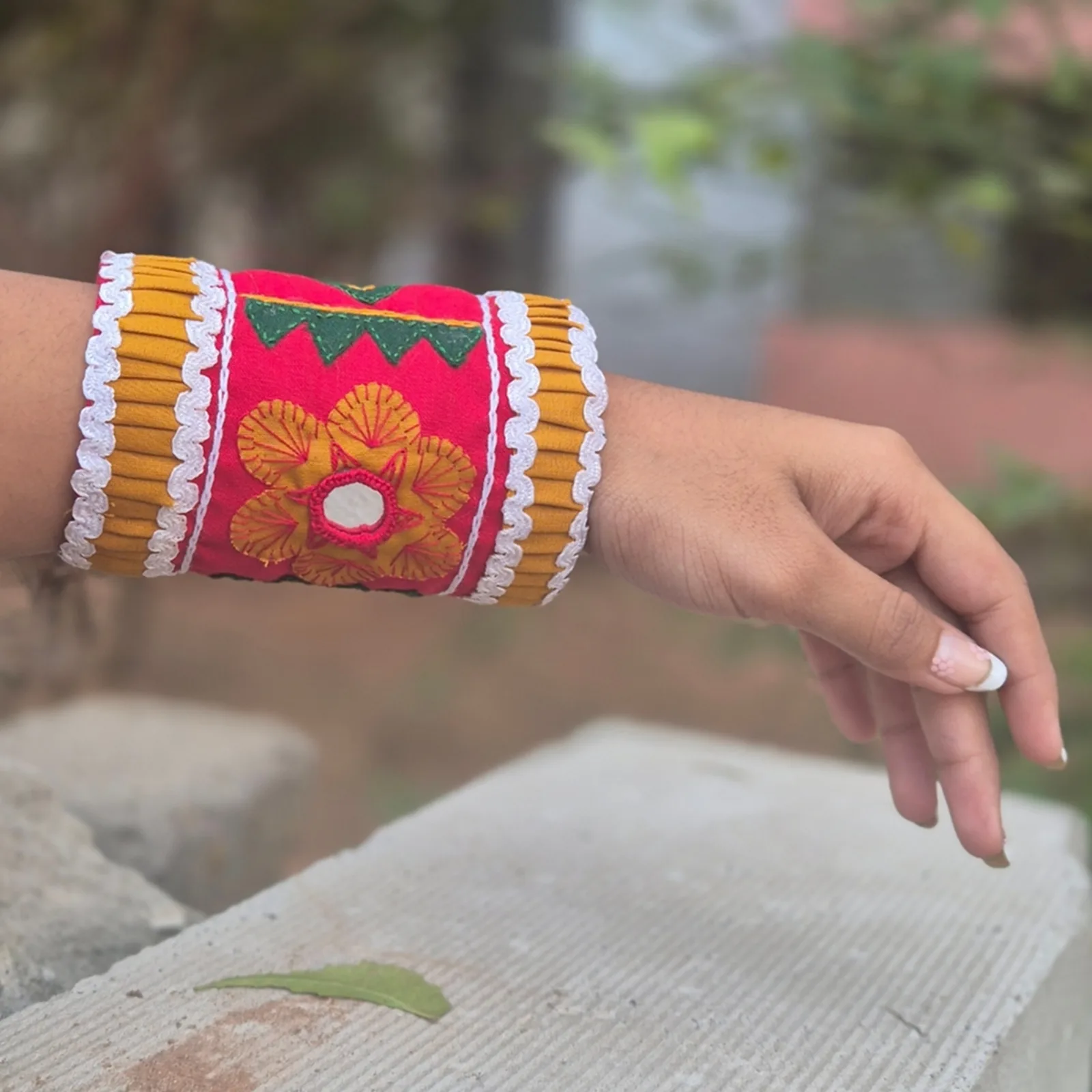  Laal Phoola - Embroidered fabric hand cuff