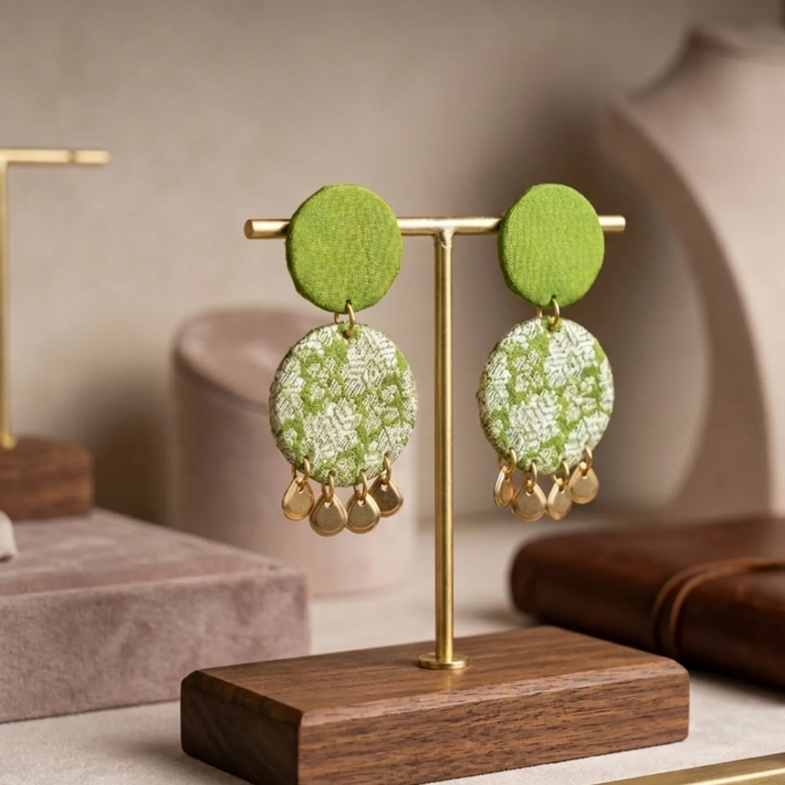 Green and Golden fabric earrings 