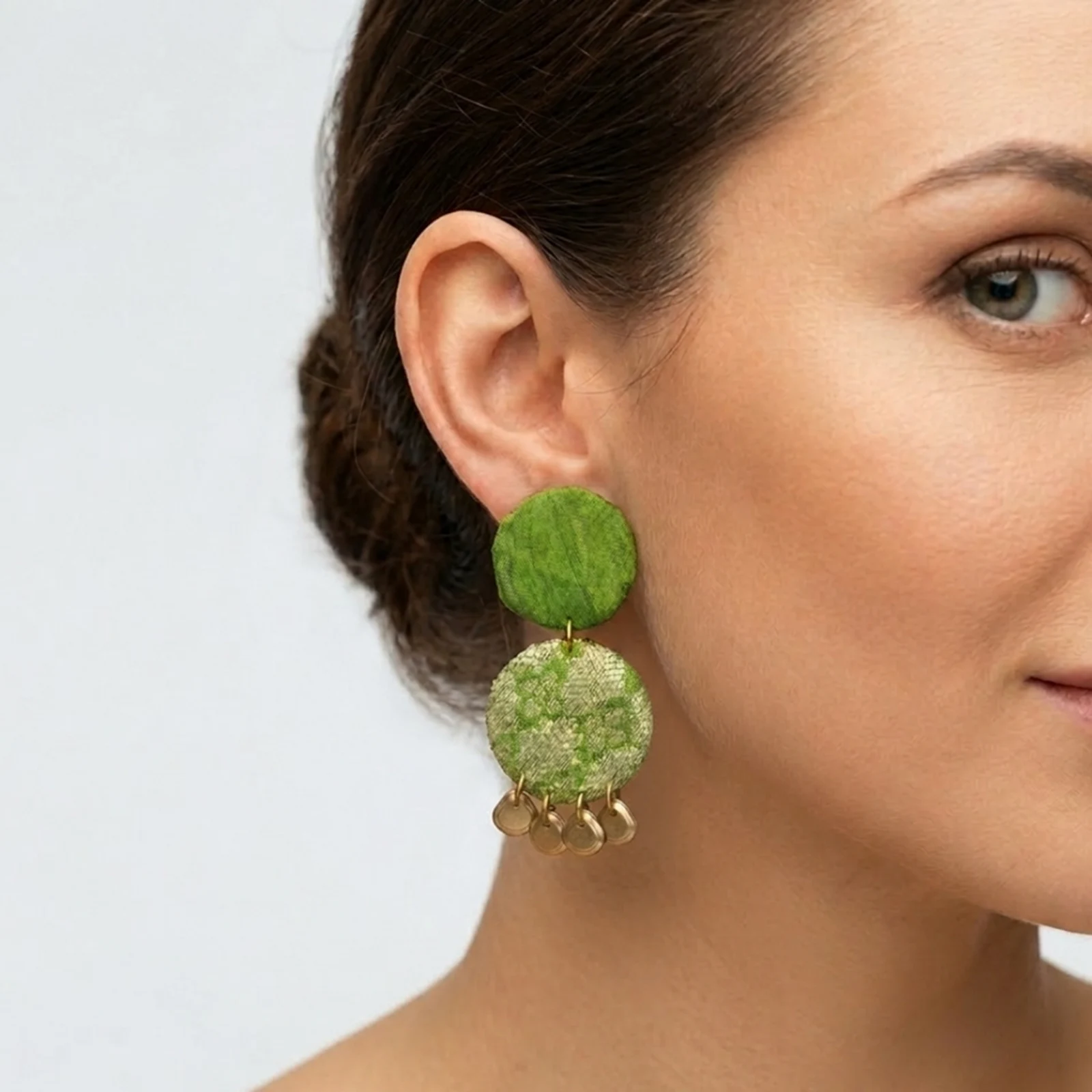 Green and Golden fabric earrings 