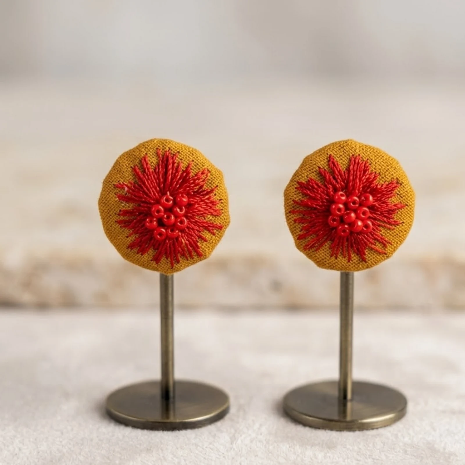 Red Beaded- Embroidered Fabric Earrings 